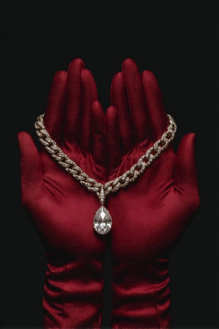 Gloved hands holding a diamond necklace